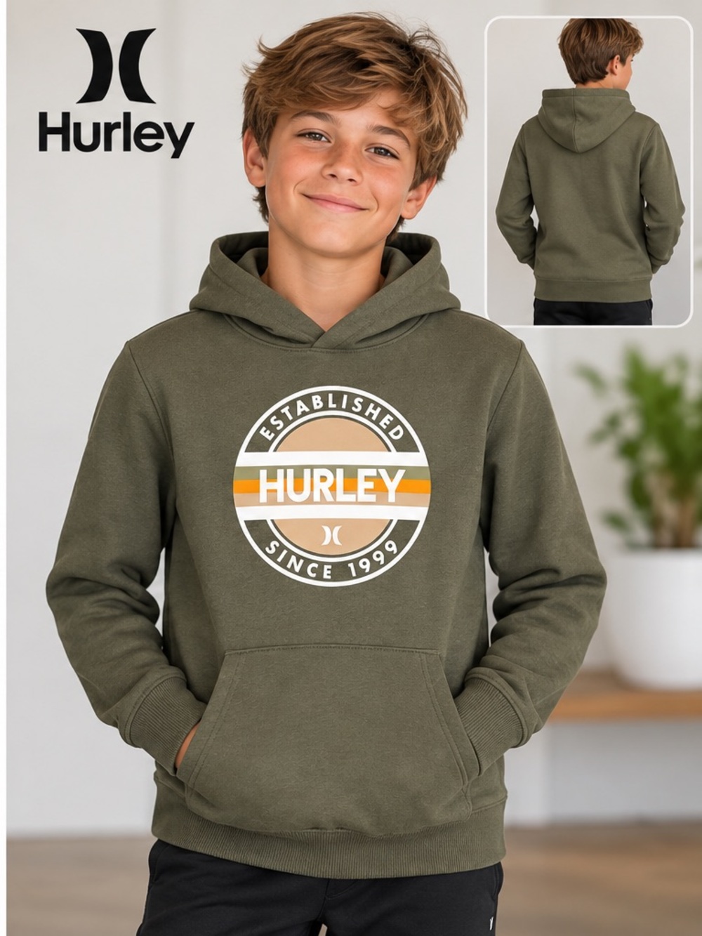 Hurley Boys Olive Green Logo Pullover Hoodie